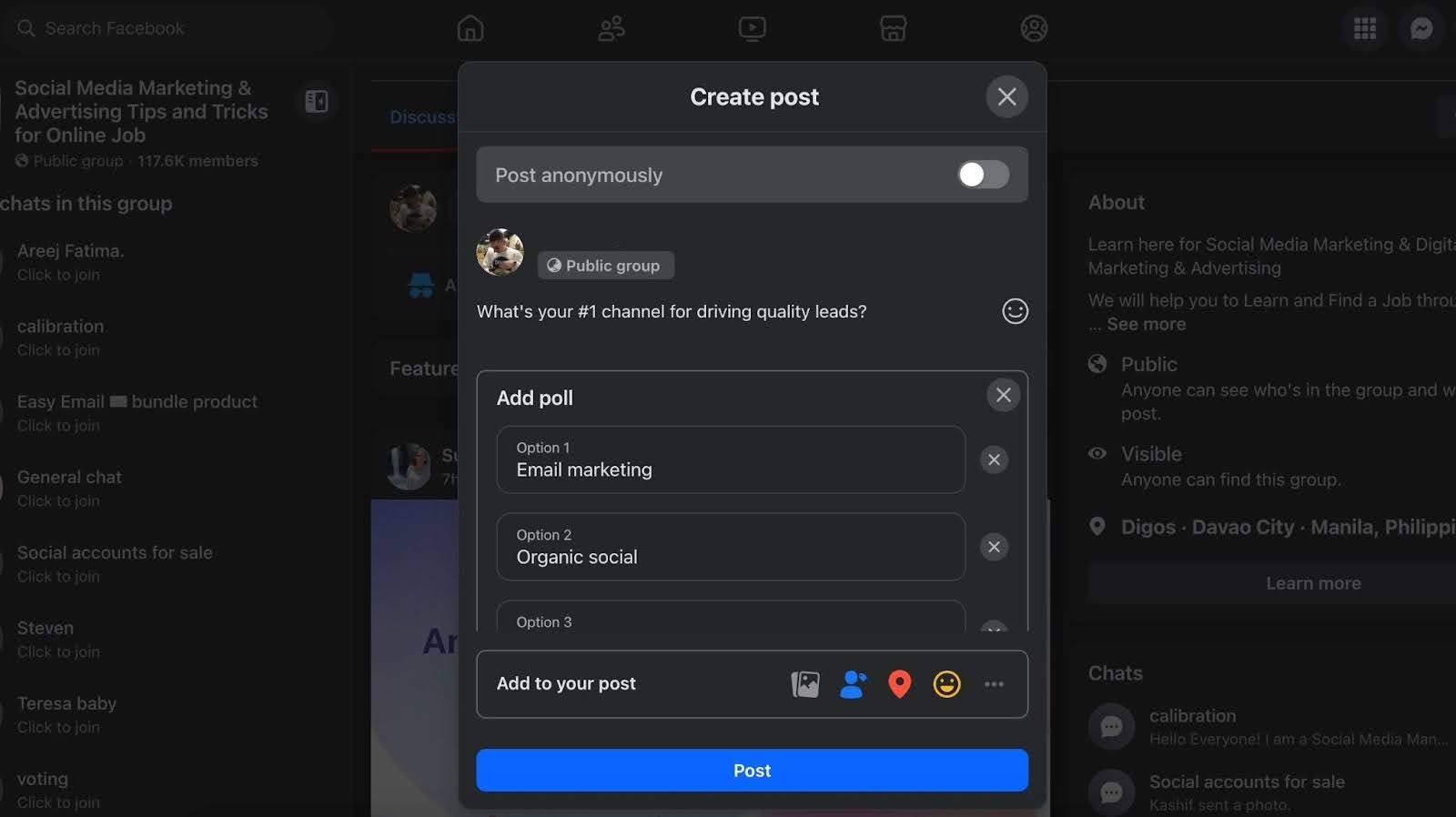 Screenshot of a Facebook group post creation window showing a poll being made. The poll question is “What’s your #1 channel for driving quality leads?” with answer options including “Email marketing” and “Organic social.”