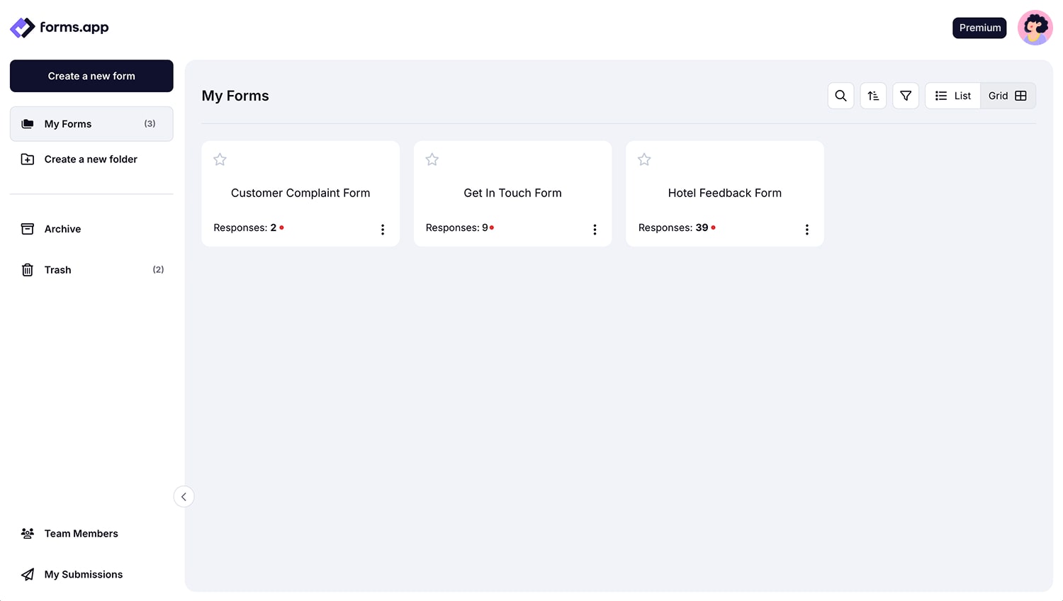 Dashboard view of forms.app showing three forms under “My Forms”: Customer Complaint Form with 2 responses, Get In Touch Form with 9 responses, and Hotel Feedback Form with 39 responses. Sidebar menu includes options for creating a new form, folders, archive, trash, team members, and submissions.