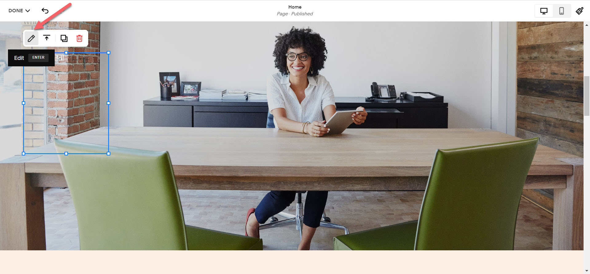 In the Squarespace editor, click on the pencil icon to embed your Squarespace survey.