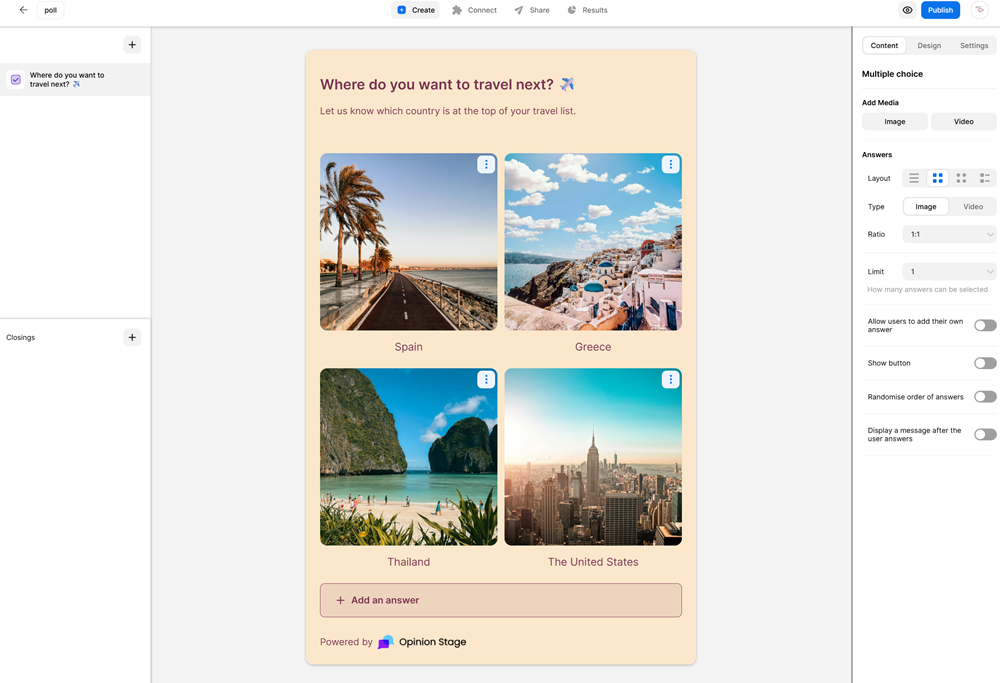Screenshot of the Opinion Stage interface showing a poll creation screen. The poll question reads “Where do you want to travel next?” with four image answer options: Spain, Greece, Thailand, and the United States. The sidebar displays poll customization settings for layout, media, and answer options.