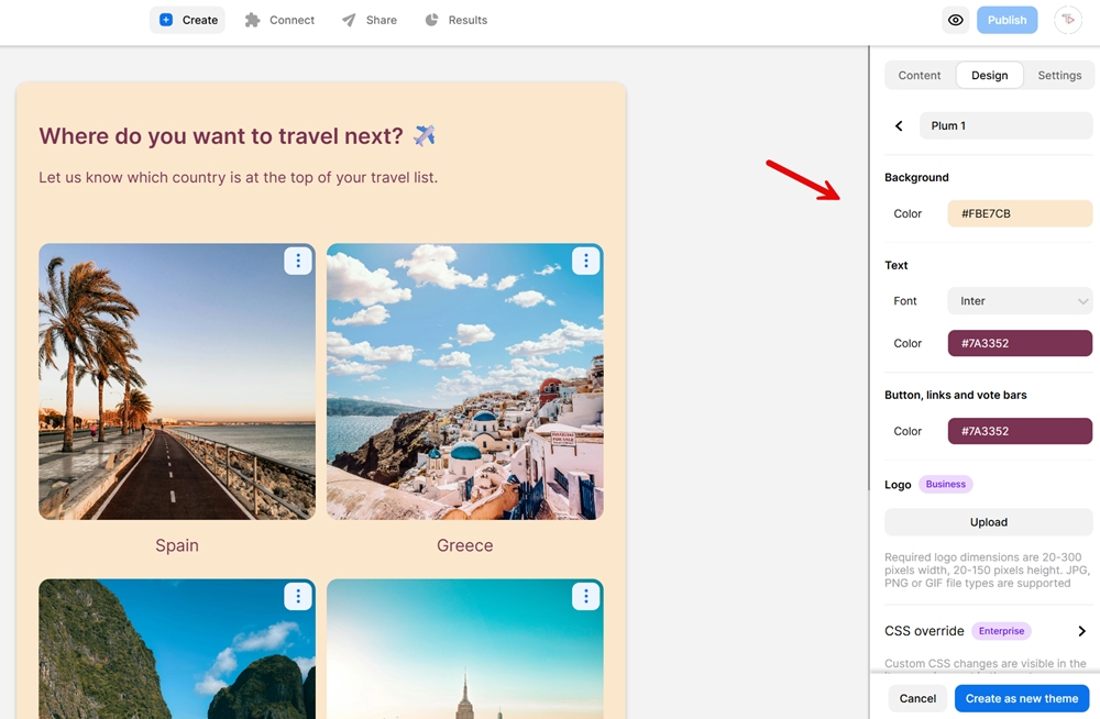 Screenshot of the Opinion Stage interface showing a travel poll with country options and the design customization panel open. The settings include background color, text font and color, and button, link, and vote bar color options. A red arrow highlights the background color field.