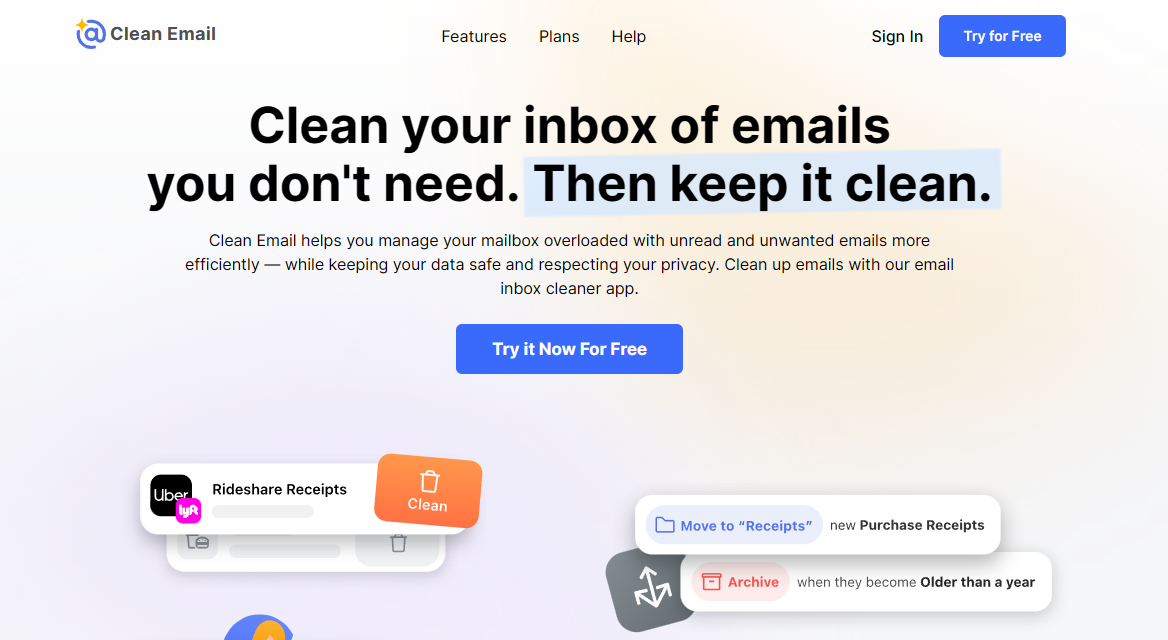 Screenshot of Clean Email's homepage, used in a blog post on the Opinion Stage website about Black Friday deals.