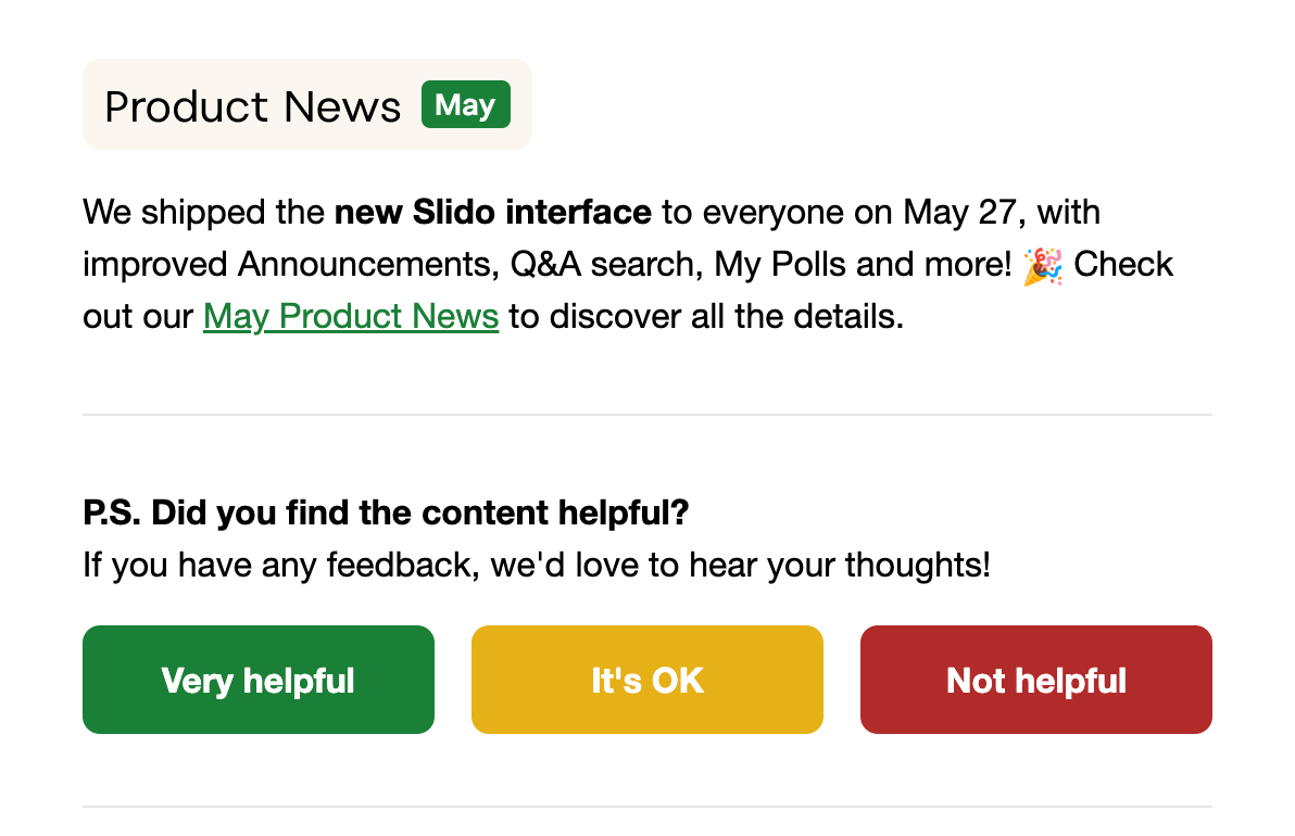 An engagement feedback survey embedded in an email newsletter, asking “Did you find the content helpful?” with three response buttons: Very helpful, It’s OK, and Not helpful.