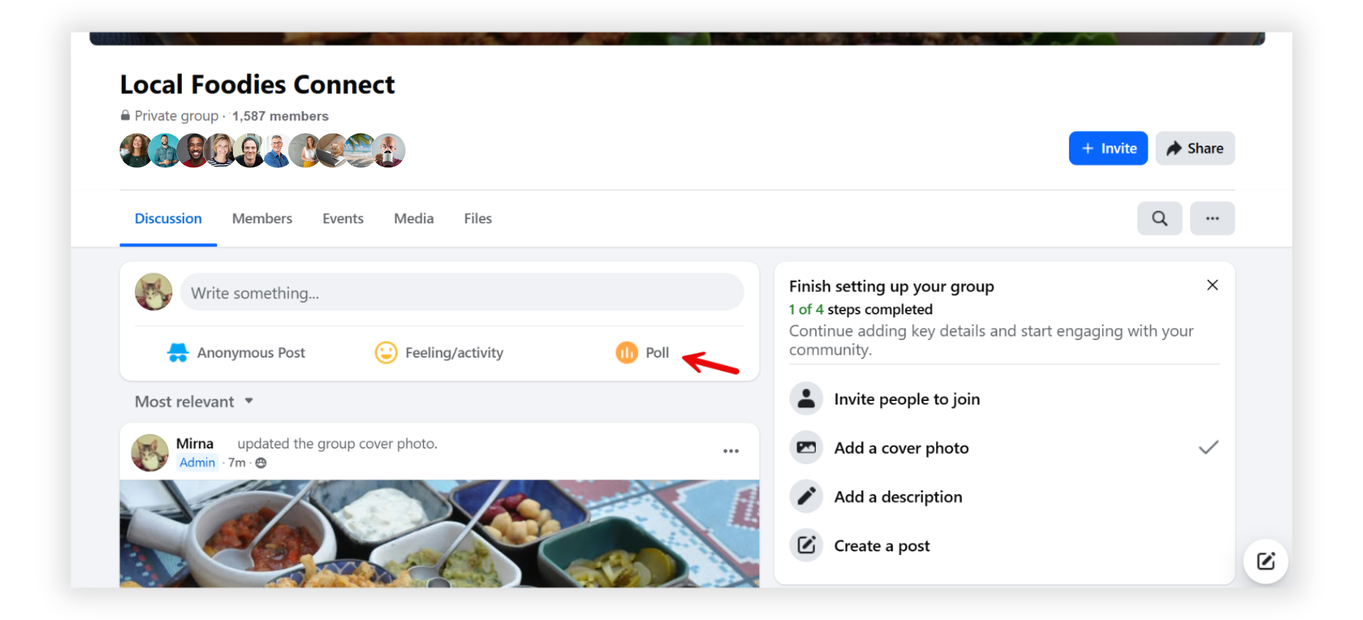 Screenshot of a Facebook Group. A red arrow points to the 'Poll' option in the post creation area, showing where users can create a poll within the group.