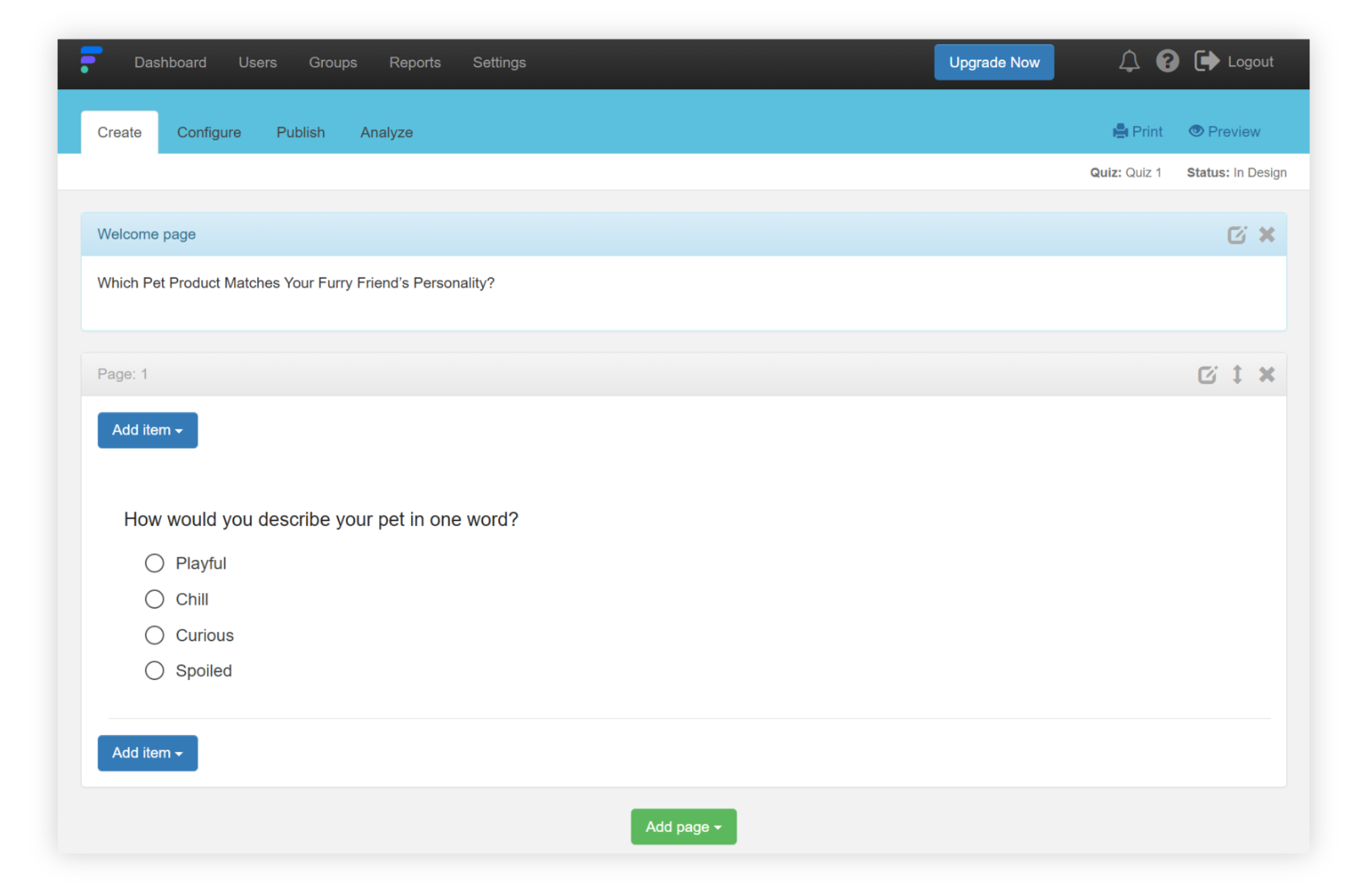 Screenshot of a quiz being created in FlexiQuiz titled “Which Pet Product Matches Your Furry Friend’s Personality?” The first question asks, “How would you describe your pet in one word?” with multiple-choice options: Playful, Chill, Curious, and Spoiled. The interface shows tabs for Create, Configure, Publish, and Analyze.