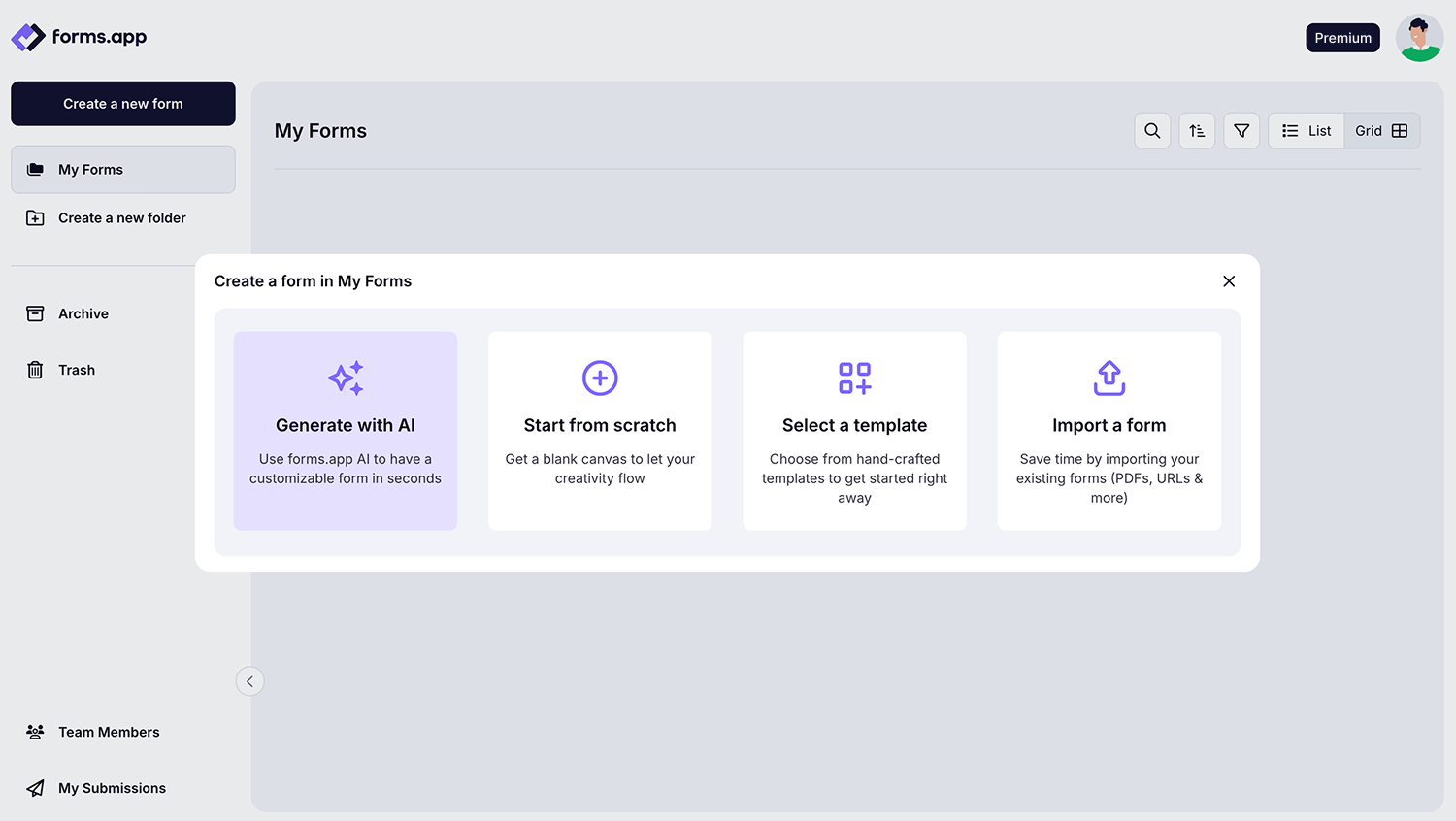 Forms.app interface showing options to create a new form by generating with AI, starting from scratch, selecting a template, or importing a form.