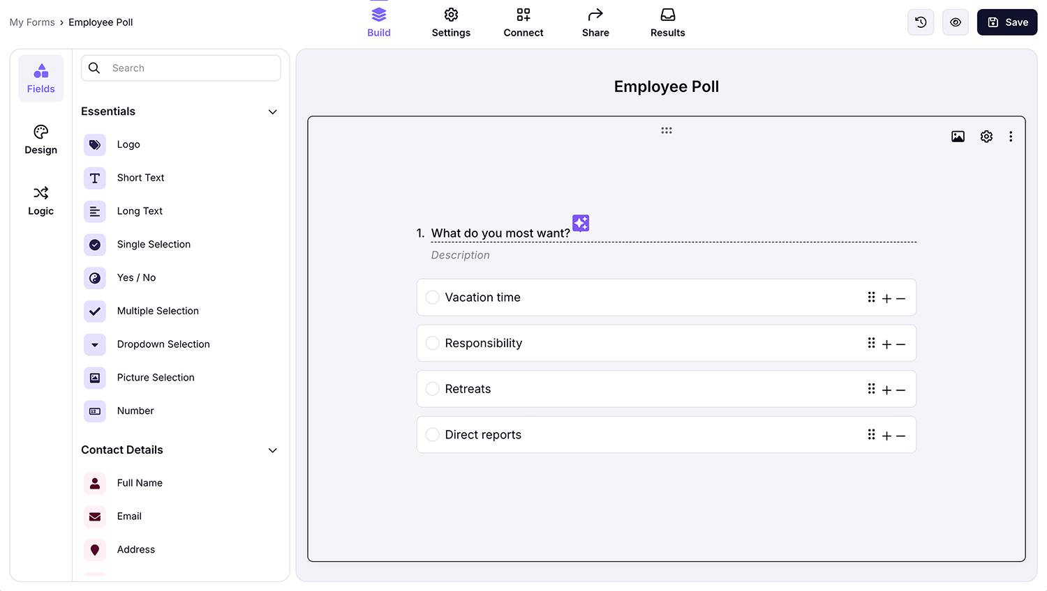 Forms.app poll builder interface showing an employee poll being created with multiple choice answer options and editing tools.