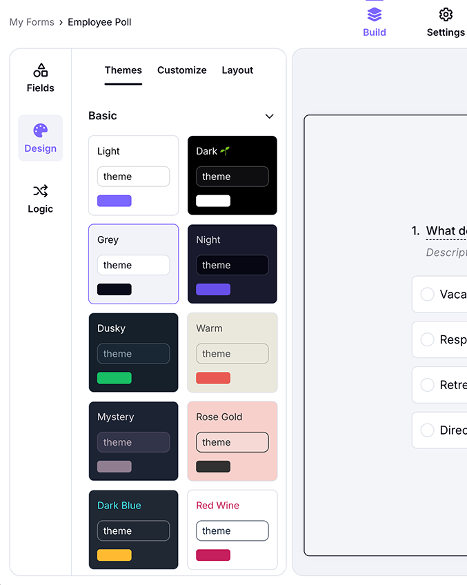 Forms.app poll editor with theme customization options displayed.