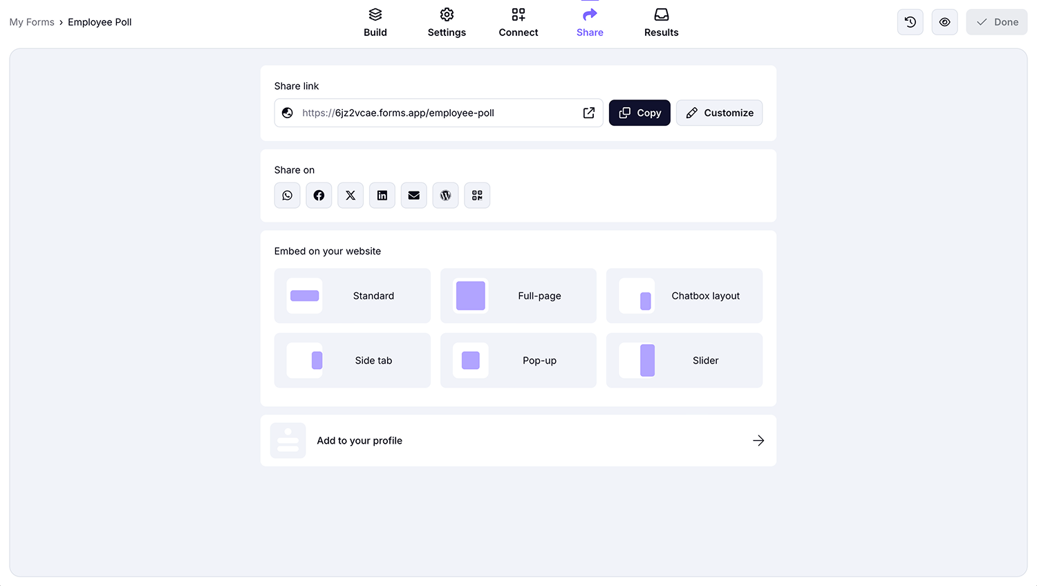 Forms.app sharing options screen showing link sharing, social media buttons, and multiple website embed layouts for an employee poll.