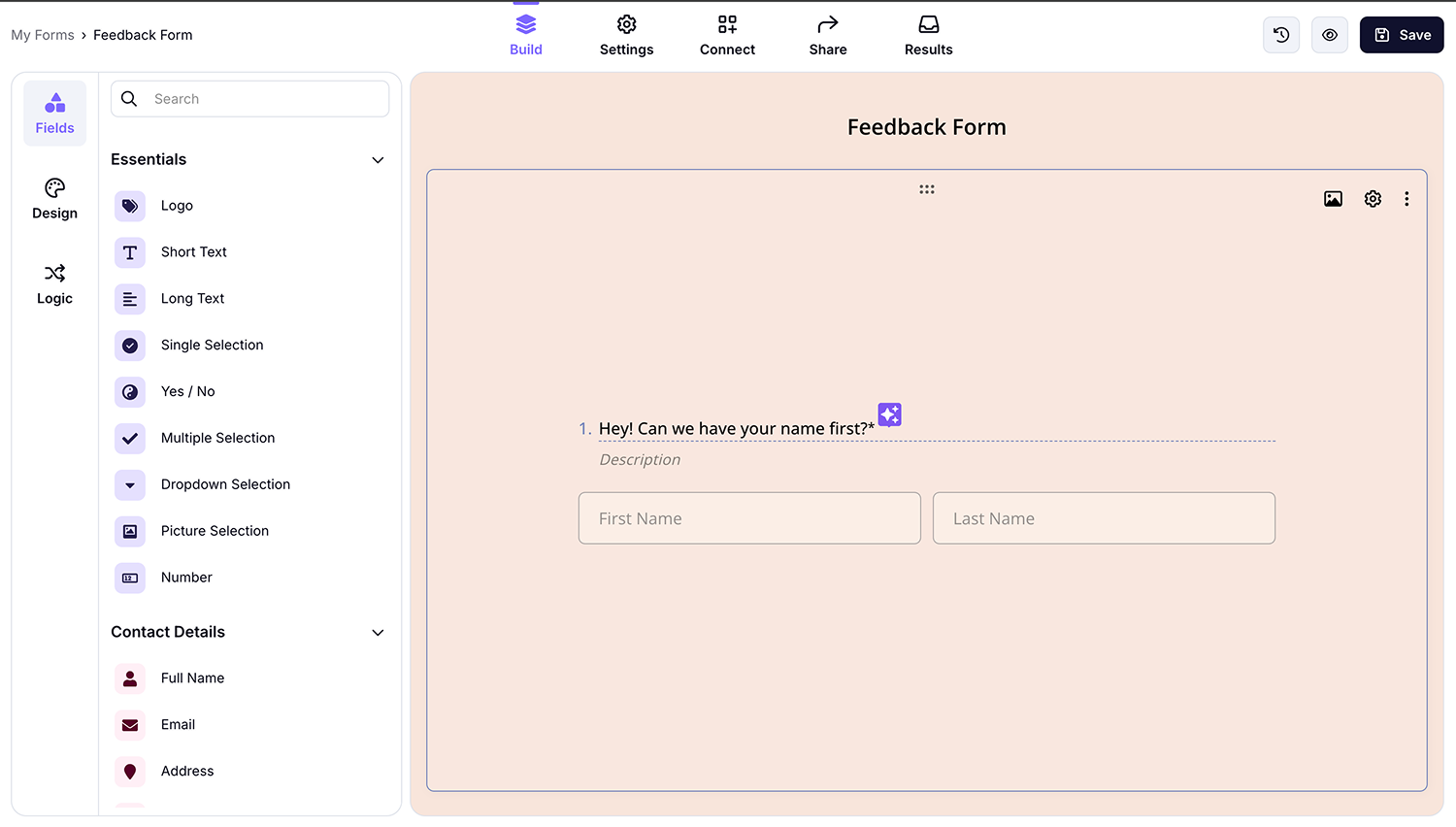 Screenshot of the forms.app interface showing the form builder view, with drag-and-drop field options on the left and a feedback form in progress on the right.
