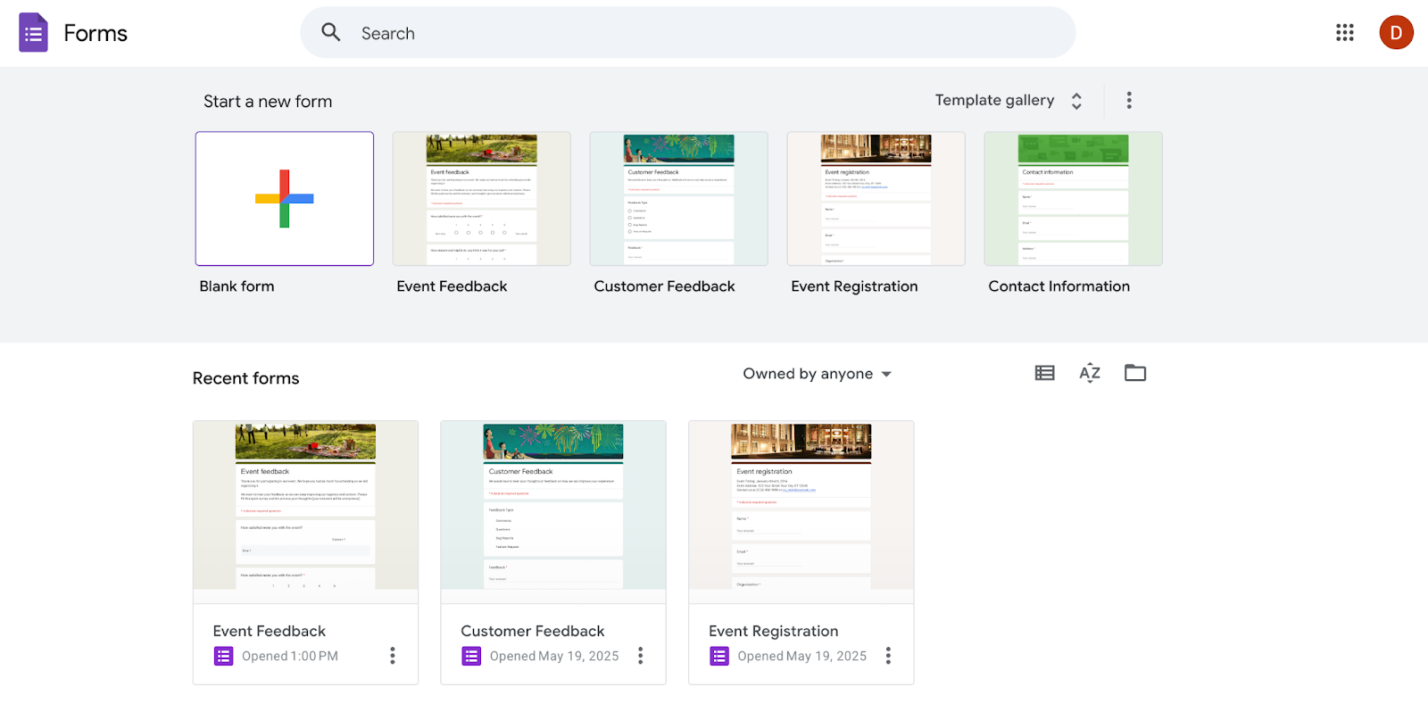Screenshot of the Google Forms dashboard. At the top, users can start a new form with options including Blank form, Event Feedback, Customer Feedback, Event Registration, and Contact Information. Below, the Recent forms section shows Event Feedback, Customer Feedback, and Event Registration templates that were recently opened.