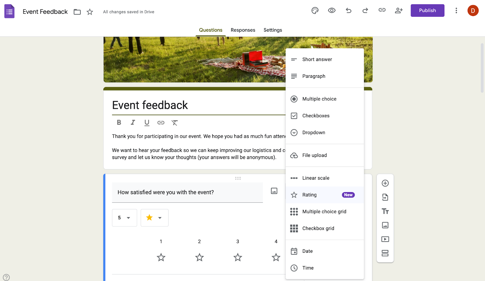 Screenshot of a Google Forms editor with an “Event feedback” form open. The form includes a star rating question asking, “How satisfied were you with the event?” On the right, the question type menu is expanded, showing options like short answer, multiple choice, checkboxes, dropdown, file upload, linear scale, rating, and more.