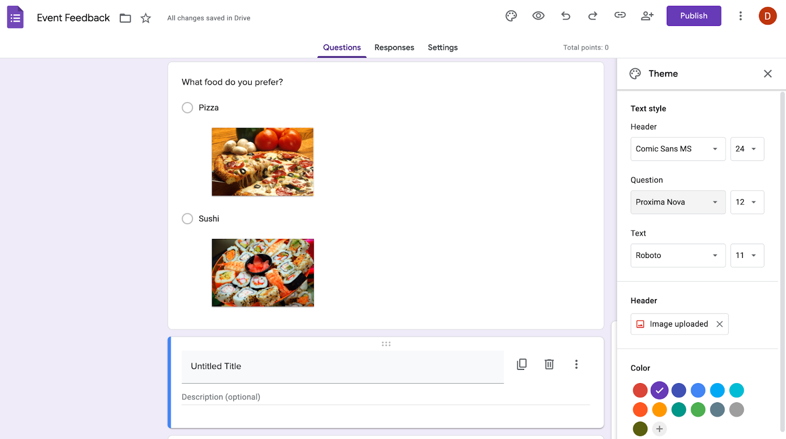 Screenshot of a Google Forms editor showing an “Event Feedback” form. The question asks, “What food do you prefer?” with two image answer options: pizza and sushi. On the right, the theme customization panel is open, displaying text style options for header, question, and text, along with color and header image settings.