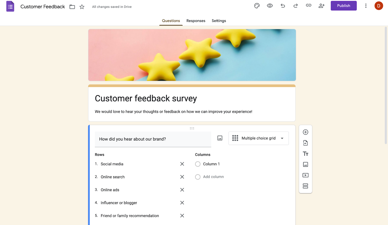 Google Forms customer feedback survey in edit mode, showing the title “Customer feedback survey” and a multiple-choice grid question asking “How did you hear about our brand?” with options like Social media, Online search, Online ads, Influencer or blogger, and Friend or family recommendation.