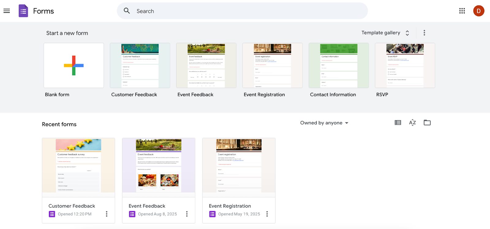 Google Forms dashboard showing template options like Blank Form, Customer Feedback, Event Feedback, Event Registration, Contact Information, and RSVP, along with recent forms listed below.