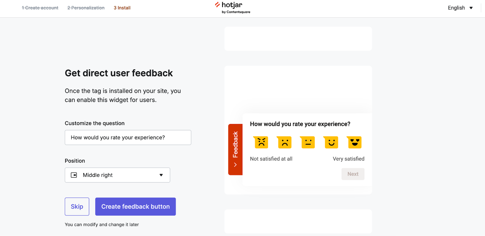 Hotjar setup screen for creating a feedback widget, showing the question “How would you rate your experience?” with five emoji faces ranging from very dissatisfied to very satisfied.