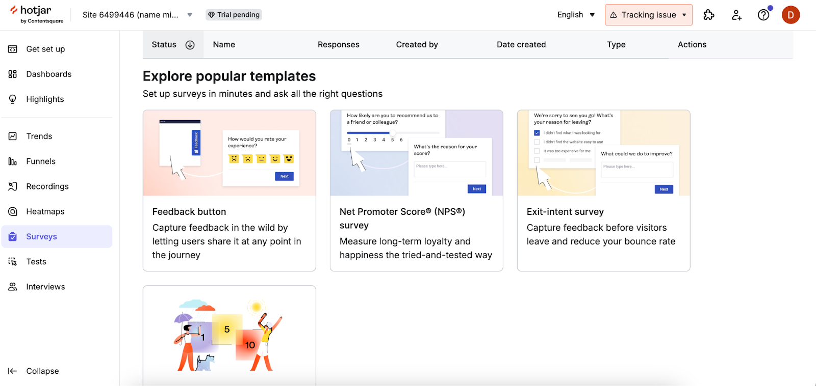 Hotjar Surveys dashboard showing popular survey templates including Feedback Button, Net Promoter Score (NPS) survey, and Exit-Intent survey.