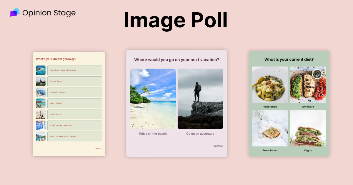Visual of an Opinion Stage image poll template featuring food and travel themes, designed to encourage interactive engagement.