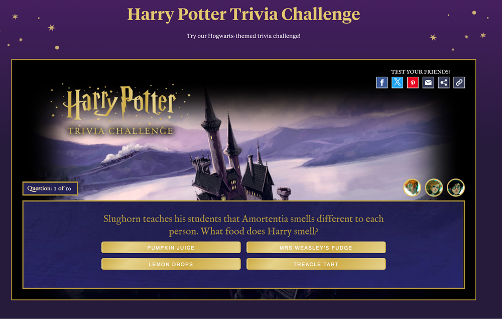 Harry Potter trivia challenge, example of an interactive quiz, used in a blog post by Opinion Stage.