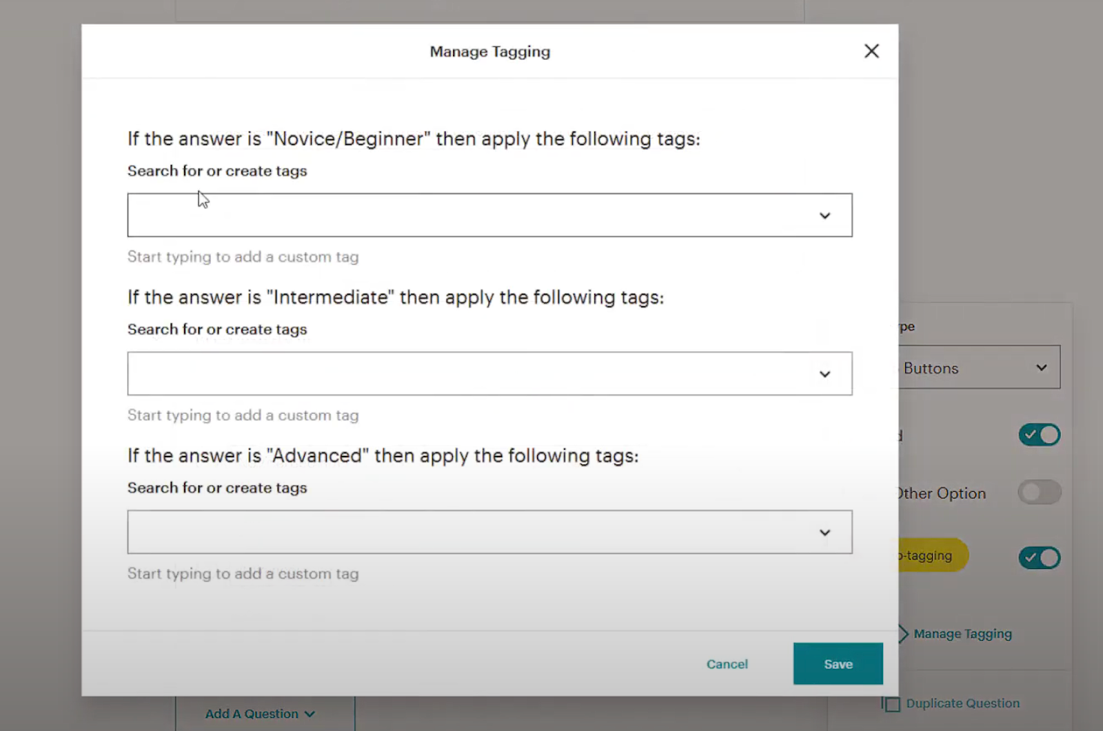 Screenshot of Mailchimp’s “Manage Tagging” settings. It shows conditional tagging options where different answers trigger different tags. Options include “If the answer is Novice/Beginner,” “If the answer is Intermediate,” and “If the answer is Advanced,” each with a field to search for or create tags.