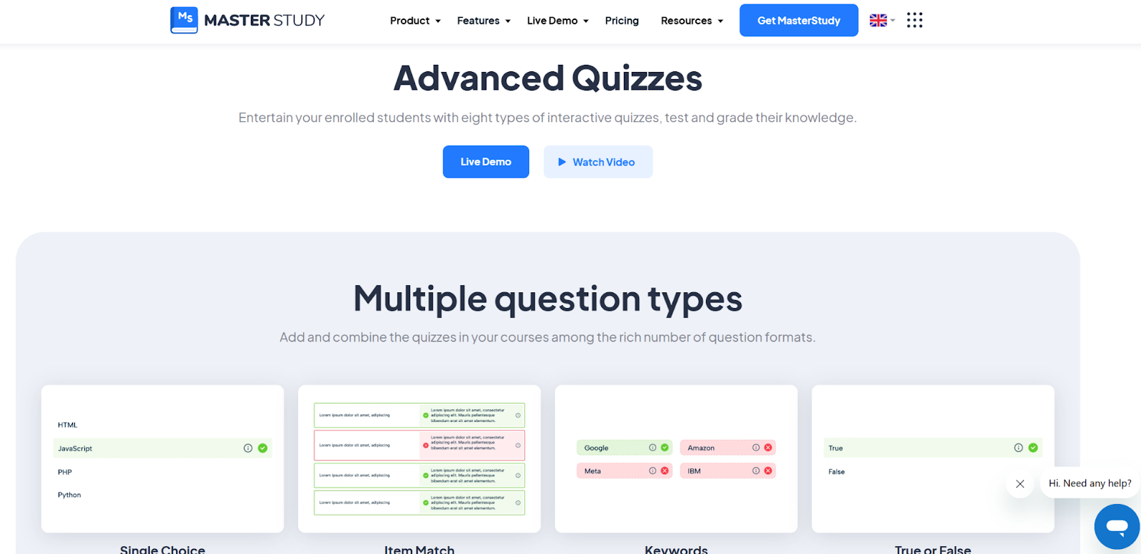 MasterStudy LMS website showing the “Advanced Quizzes” feature with multiple question types, including single choice, item match, keywords, and true/false, for creating interactive quizzes within courses.