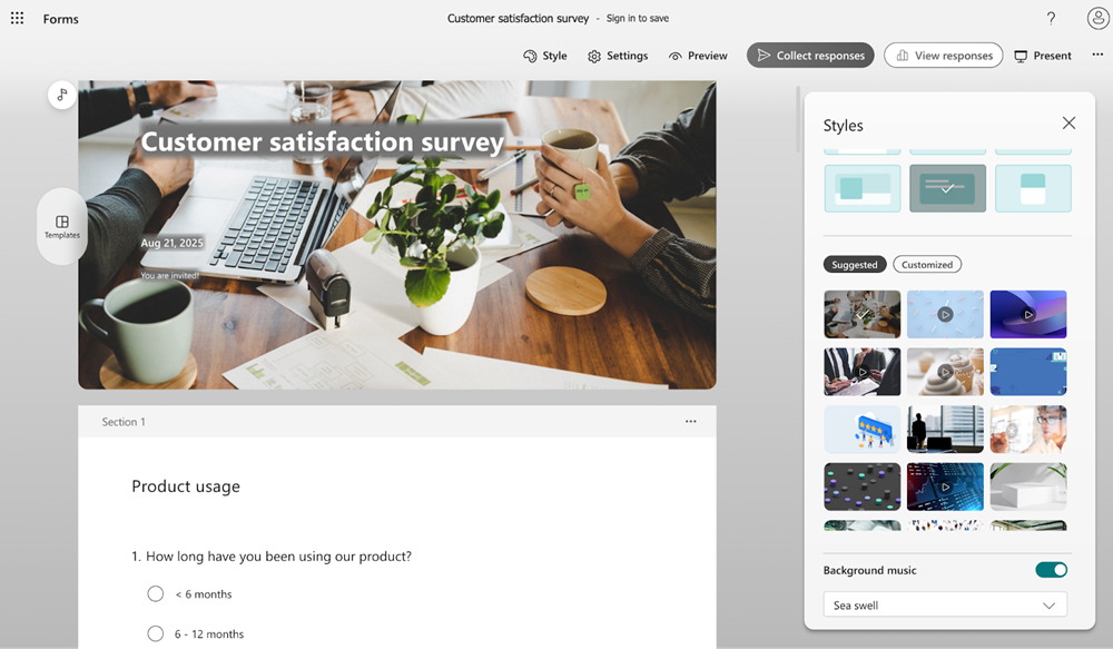 Microsoft Forms customer satisfaction survey in edit mode, showing a question about product usage and customization options for styles and background music.