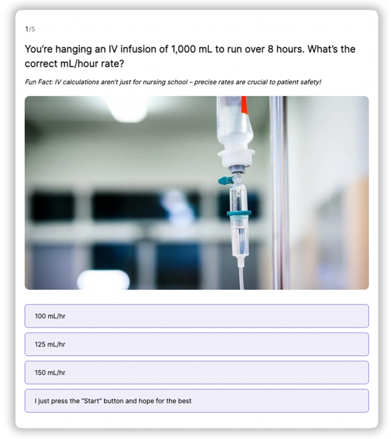Screenshot of a Nurse.org quiz made with Opinion Stage, featuring a photo of an IV drip with multiple-choice answers below.