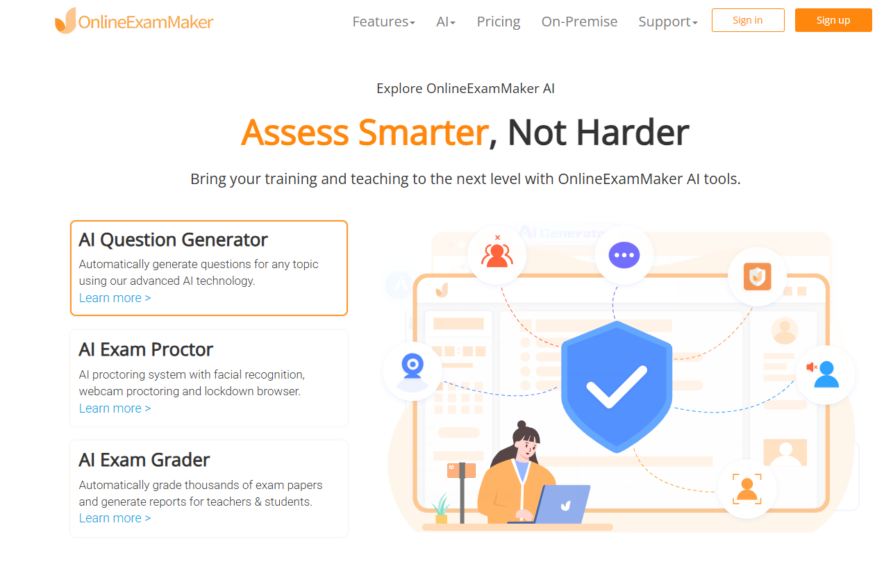 OnlineExamMaker homepage featuring the tagline ‘Assess Smarter, Not Harder’ with AI tools for educators.