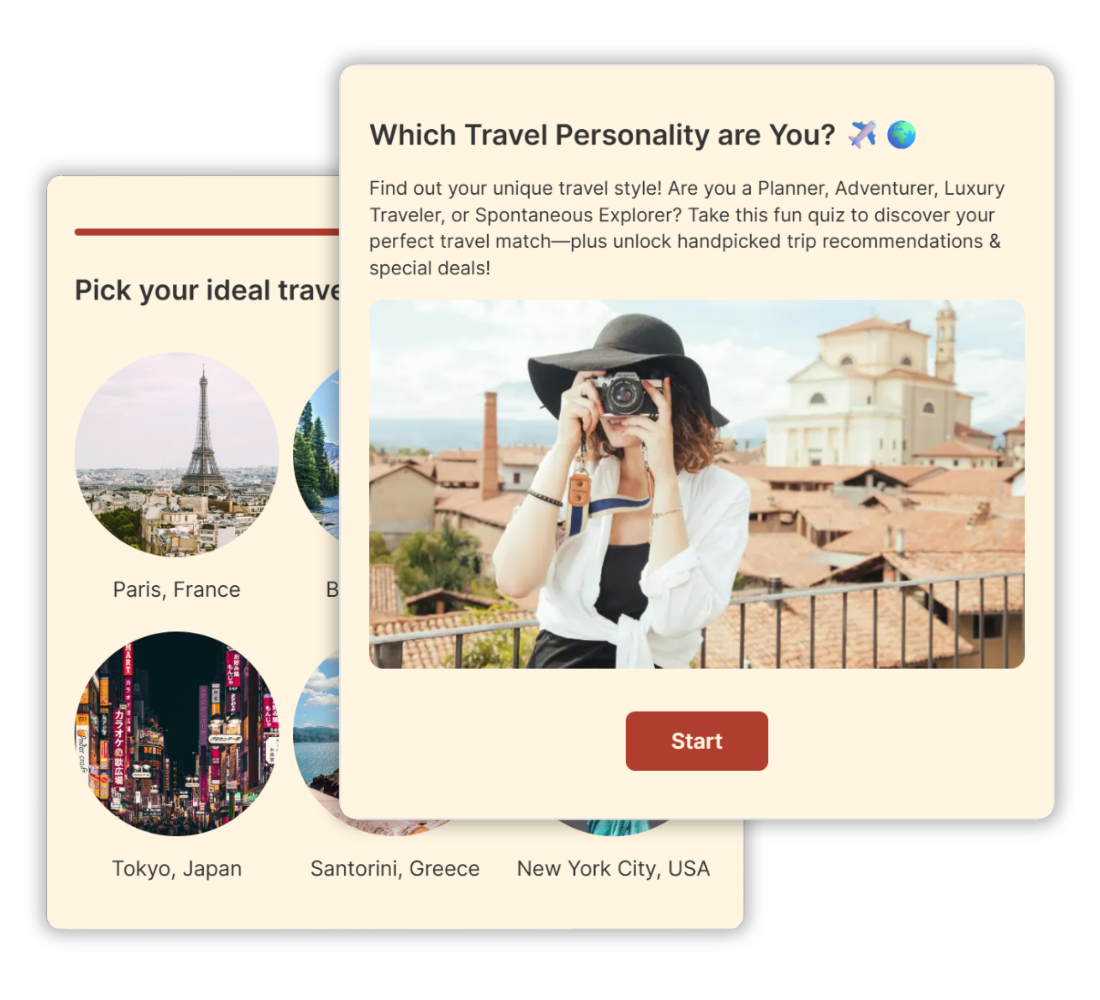 Screenshot of a travel personality quiz asking users to pick their ideal travel destination, with options like Paris, Tokyo, and Santorini, and a photo of a woman with a camera featured in the quiz interface.