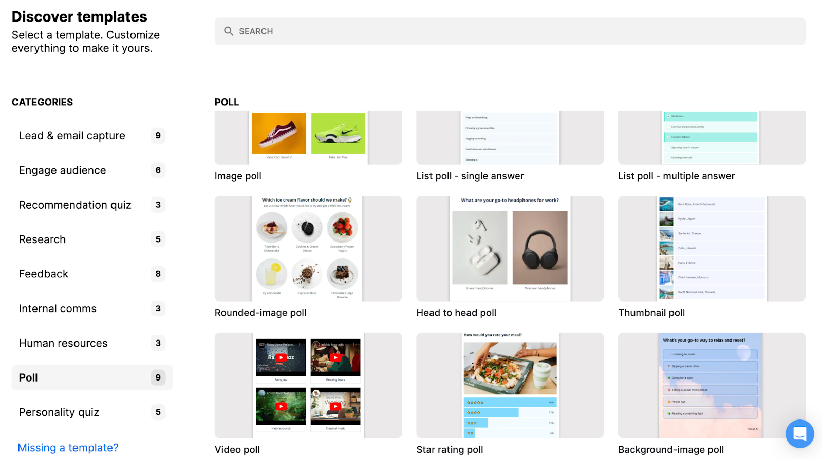 Screenshot of the Opinion Stage template library featuring different types of polls such as image, video, thumbnail, and head-to-head.