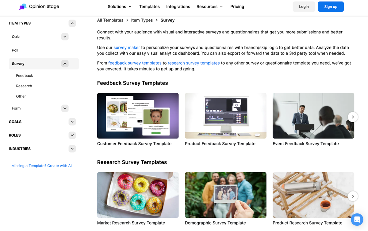 Opinion Stage survey templates page with examples for feedback and research surveys.