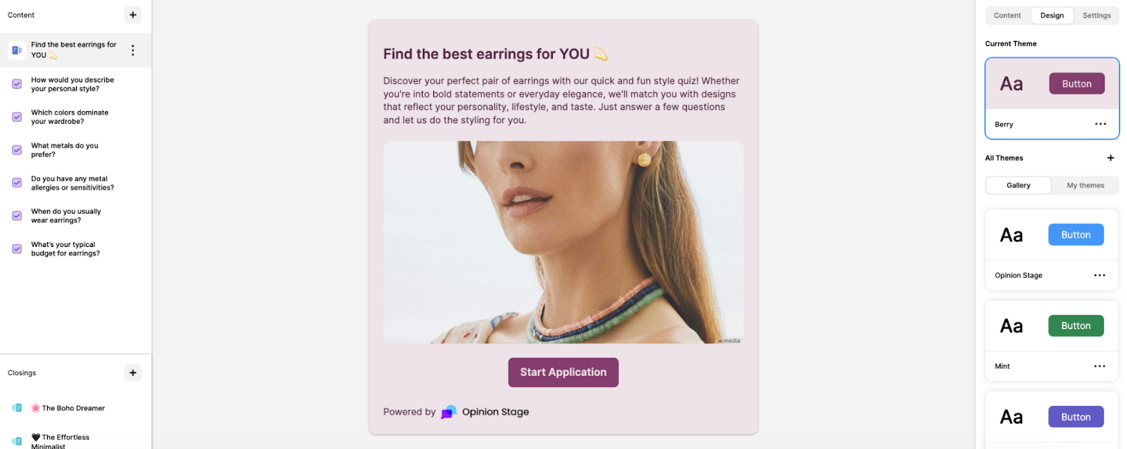 Opinion Stage WordPress quiz builder showing a product recommendation quiz titled “Find the best earrings for YOU.” The screen displays quiz questions on the left, a preview of the quiz in the center, and design theme options on the right.