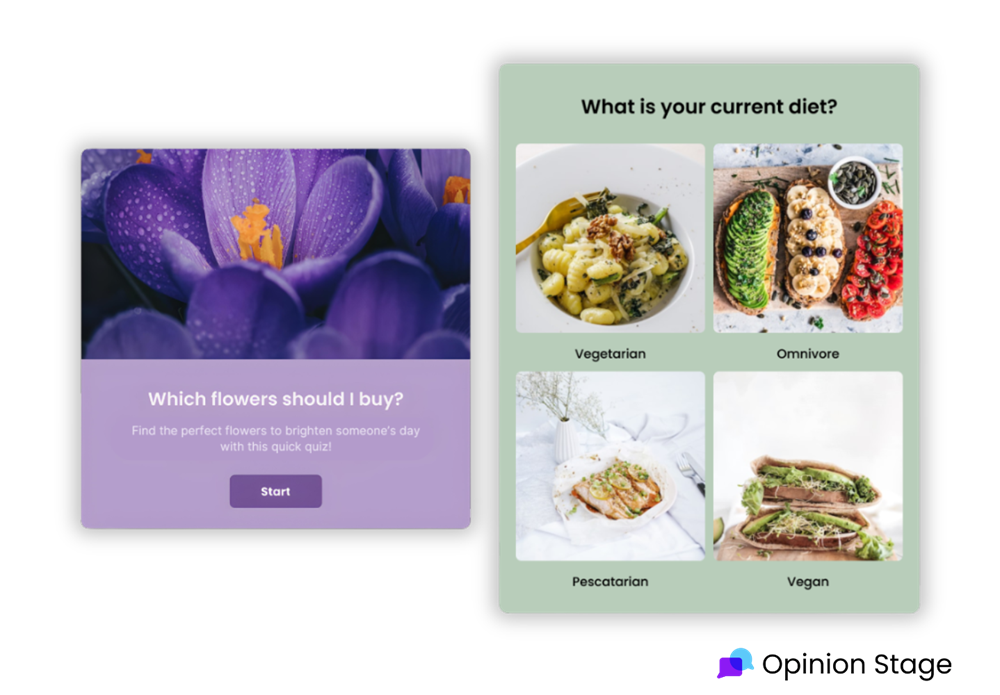 Examples of quizzes built with the Opinion Stage WordPress quiz plugin. One quiz asks “Which flowers should I buy?” with a start button, and another asks “What is your current diet?” with answer options Vegetarian, Omnivore, Pescatarian, and Vegan.