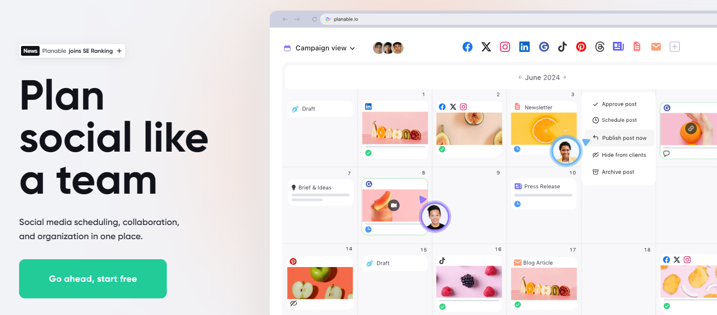 Planable homepage showing a social media calendar with scheduled posts and team collaboration tools.