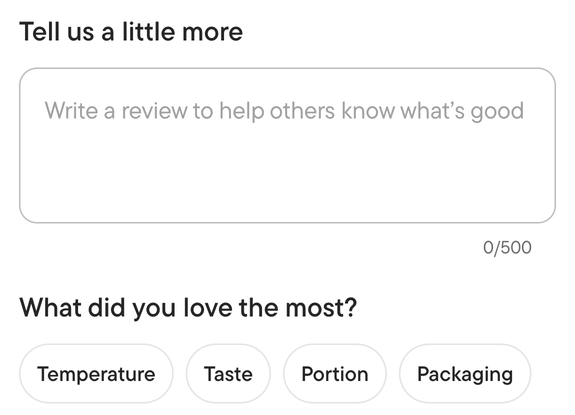 A product feedback survey example asking customers to write a review and select what they loved most, with options for Temperature, Taste, Portion, and Packaging.