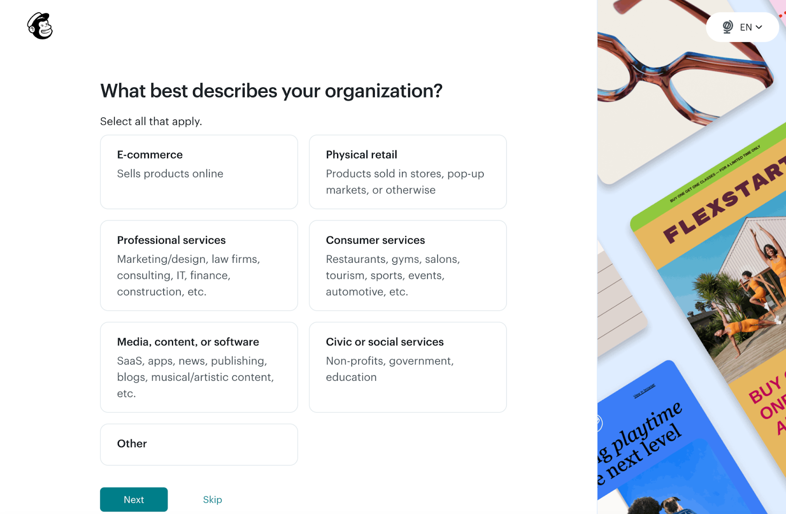 A qualification survey within the Mailchimp sign-up process asking “What best describes your organization?” with multiple choice options such as E-commerce, Physical retail, Professional services, Consumer services, Media/content/software, Civic or social services, and Other.