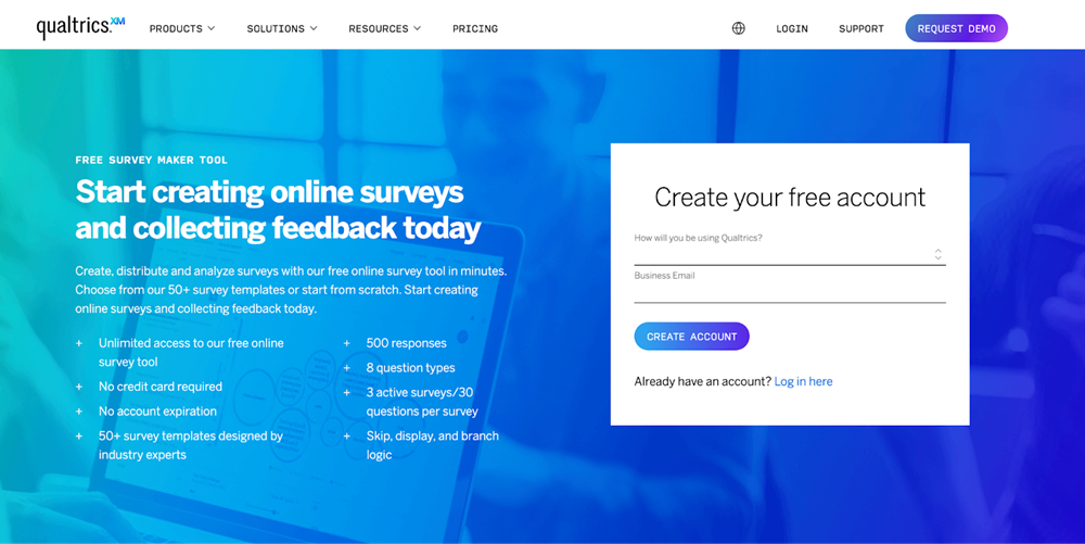 Qualtrics website showing the free survey maker tool page with the headline “Start creating online surveys and collecting feedback today” and a sign-up form to create a free account.