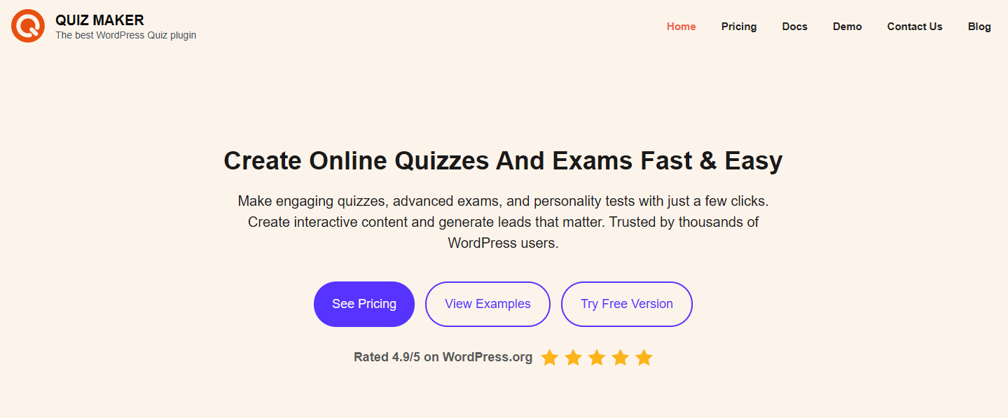 Screenshot of the Quiz Maker WordPress plugin website homepage, showing the headline “Create Online Quizzes And Exams Fast & Easy,” a short description, and buttons for pricing, examples, and a free version.