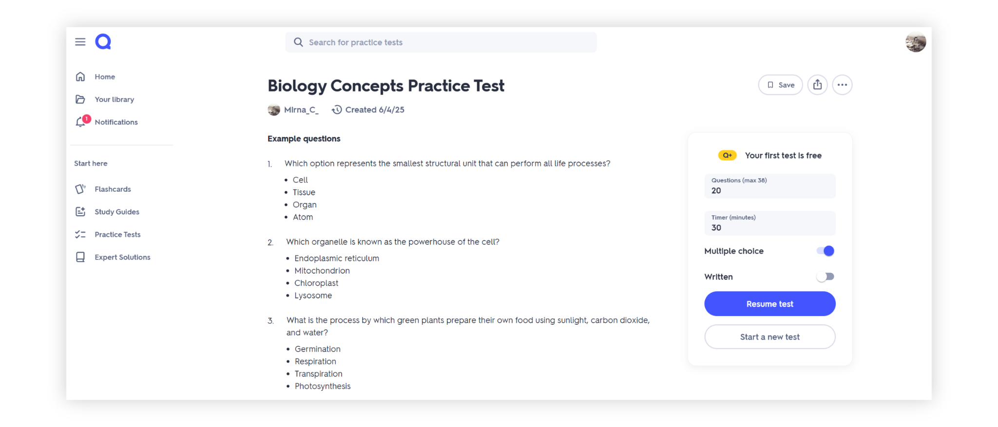 Screenshot of a Quizlet practice test titled “Biology Concepts Practice Test,” showing example multiple-choice questions. The interface includes a question list on the left and test settings on the right, including options for number of questions, timer, and multiple-choice format.