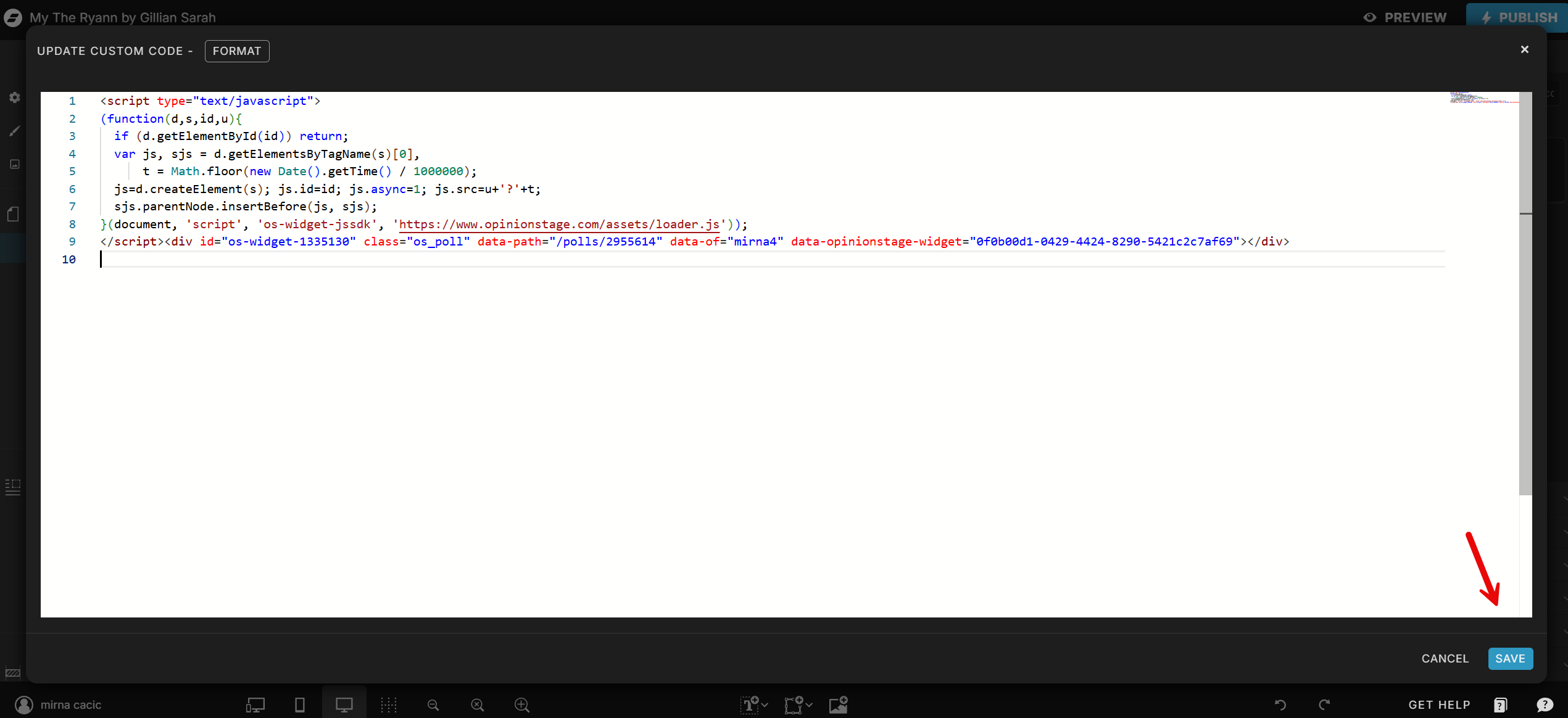 How to paste the poll embed code on your Showit site.