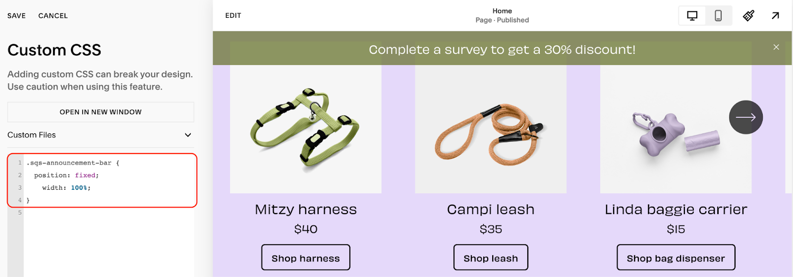 Image showing how you can add custom CSS to make the Squarespace announcement bar always visible.
