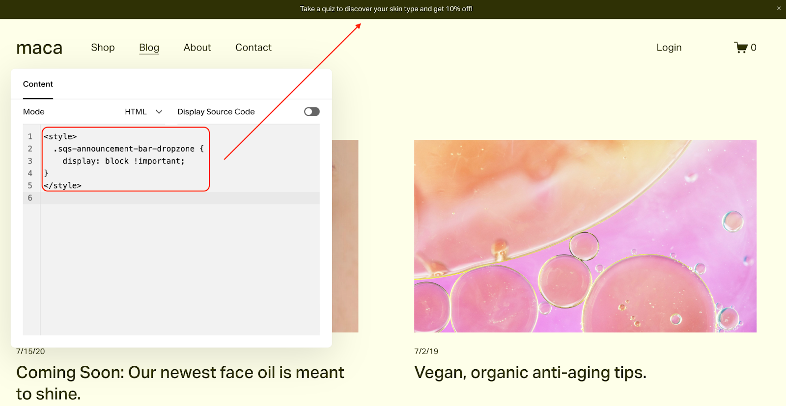 Image showing how you can use custom CSS to add your Squarespace announcement bar to only one page.