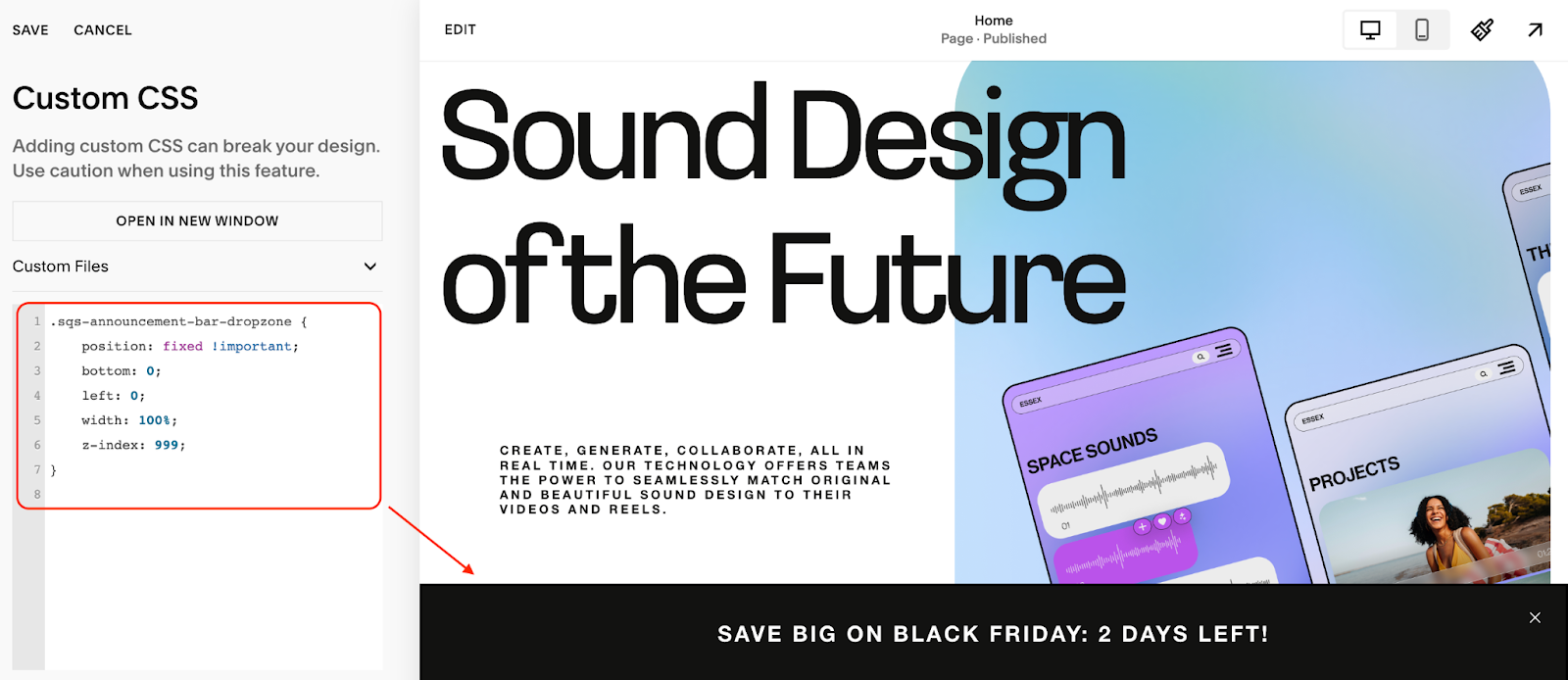 Image showing how you can use custom CSS to add your Squarespace announcement bar to the bottom of a page.