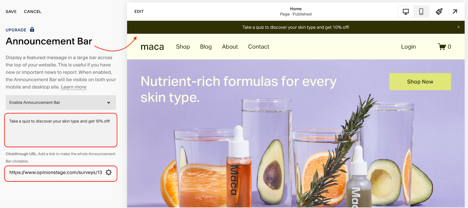Image showing how you can add an announcement bar to your Squarespace site.