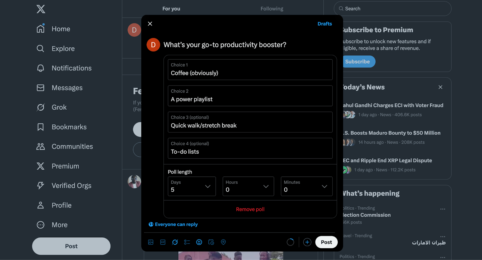Screenshot of a Twitter/X poll draft asking “What’s your go-to productivity booster?” with four answer options: Coffee (obviously), A power playlist, Quick walk/stretch break, and To-do lists. The poll length is set to 5 days.