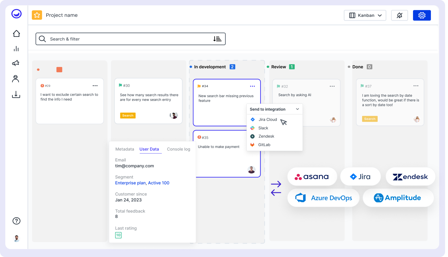 Usersnap feedback board in Kanban view with user details, task status, and integration options like Jira, Slack, and Zendesk.