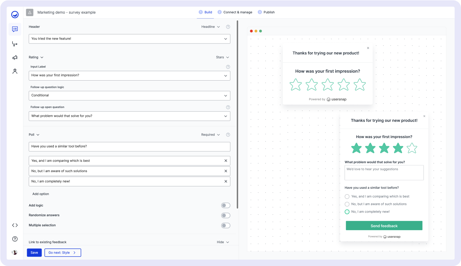 Usersnap survey builder interface showing a feedback form with star rating, conditional follow-up questions, and poll options, alongside a live preview of the survey.