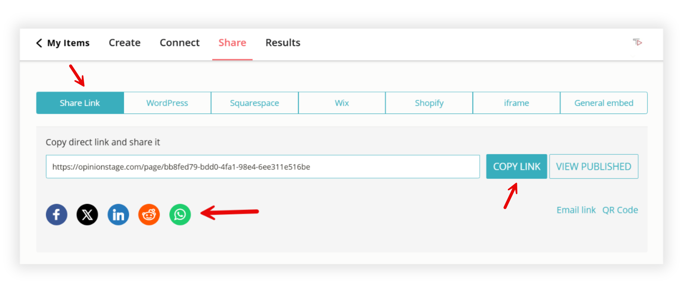 Image showing a few sharing options for a WhatsApp survey.