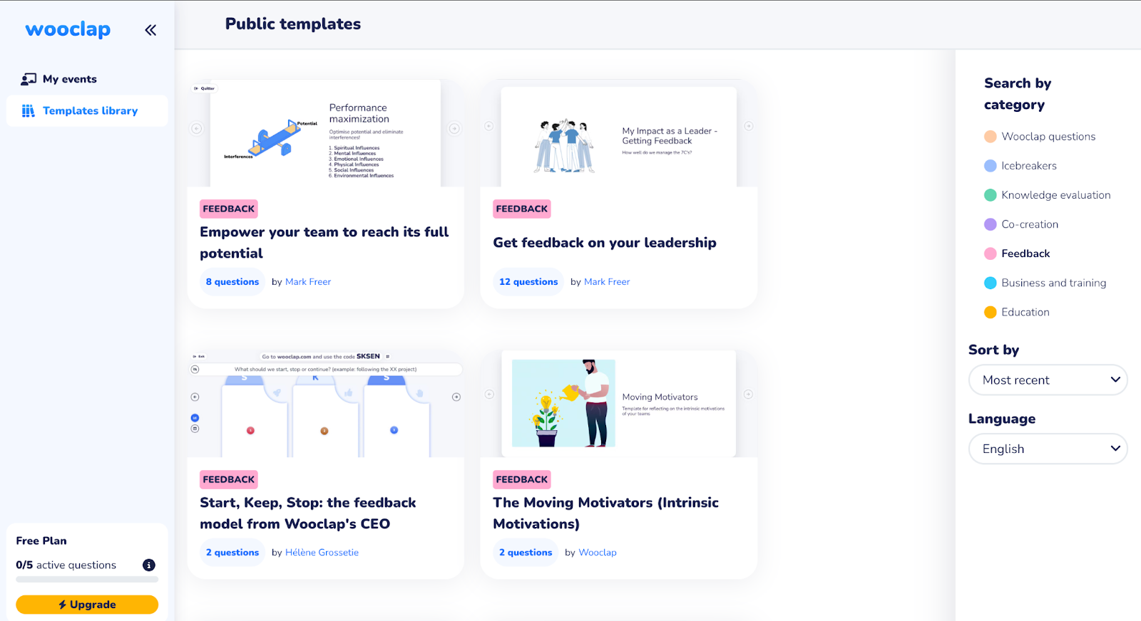 Screenshot of the Wooclap interface showing its templates library with available templates. The sidebar on the right allows sorting by category, recency, and language.